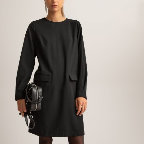Платье LaRedoute Короткое прямое с круглым вырезом с длинными рукавами 36 (FR) - 42 (RUS) черный