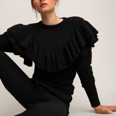 Пуловер LaRedoute С круглым вырезом с воланами из тонкого трикотажа XL черный