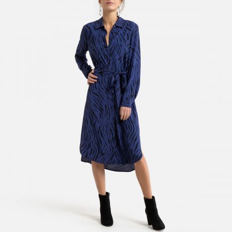 Платье-рубашка LaRedoute С анималистичным принтом с завязками 34 (FR) - 40 (RUS) синий