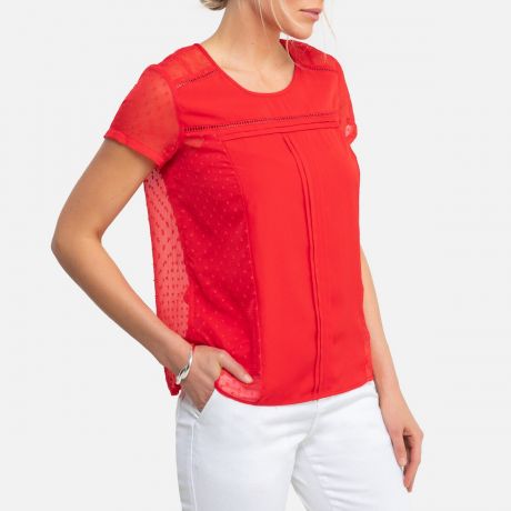 Блузка LaRedoute С вышивкой гладью круглым вырезом и короткими рукавами 44 (FR) - 50 (RUS) красный
