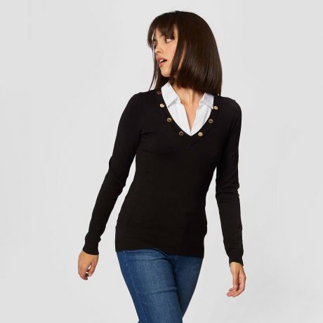 Пуловер LaRedoute С эффектом 2 в 1 рубашечный воротник S черный