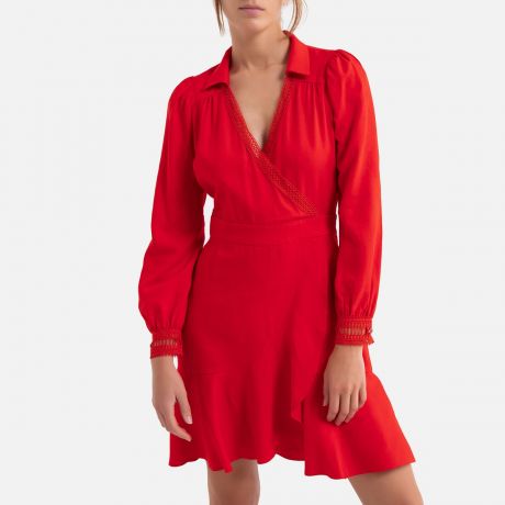 Платье LaRedoute Короткое с V-образным декольте длинные рукава 0(XS) красный