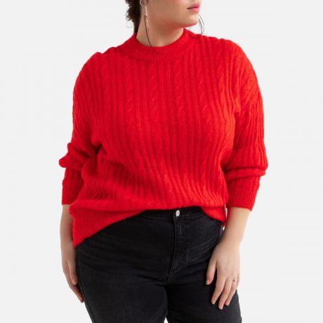 Пуловер LaRedoute С круглым вырезом из плотного трикотажа с узором косы 54/56 (FR) - 60/62 (RUS) красный