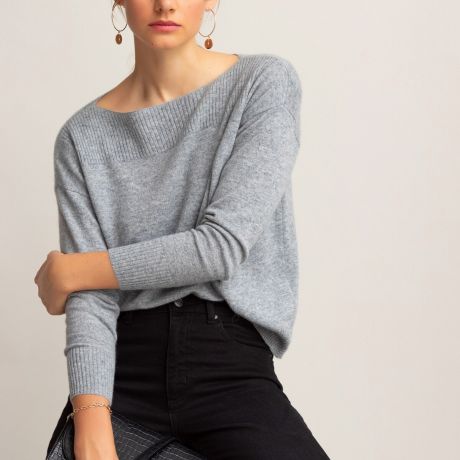 Пуловер LaRedoute С вырезом-лодочкой из кашемира тонкий трикотаж S серый