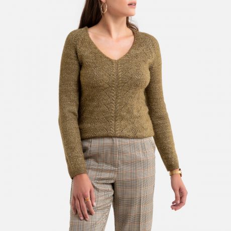 Пуловер LaRedoute С V-образным вырезом из тонкого блестящего трикотажа 38/40 (FR) - 44/46 (RUS) зеленый