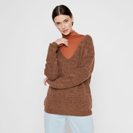 Пуловер LaRedoute Объемного покроя с V-образным вырезом из тонкого трикотажа S каштановый