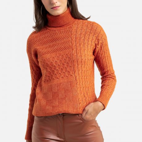 Пуловер LaRedoute С отворачивающимся воротником из трикотажа с узором косы 50/52 (FR) - 56/58 (RUS) оранжевый