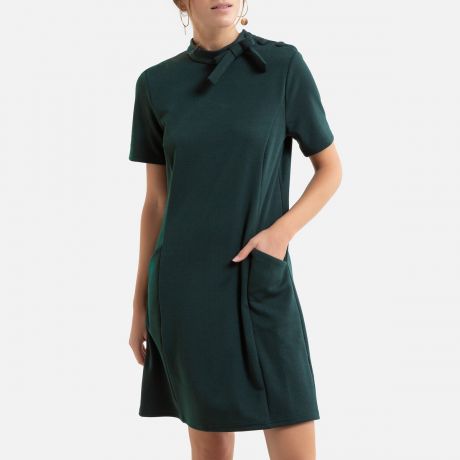 Платье LaRedoute Короткое прямое с завязками на вырезе и карманами XS зеленый