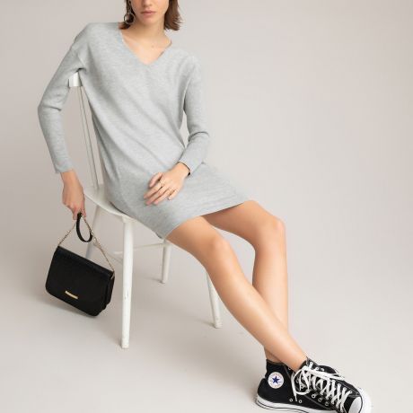 Платье-пуловер LaRedoute Короткое с V-образным вырезом и длинными рукавами из трикотажа L серый