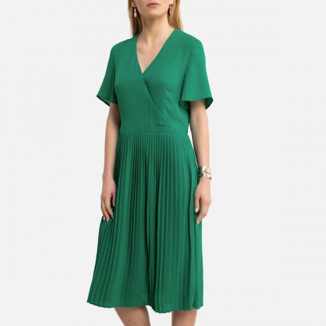 Платье-миди LaRedoute Плиссированное с короткими рукавами 36 (FR) - 42 (RUS) зеленый
