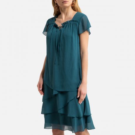 Платье-миди LaRedoute Расклешенное с воланами и короткими рукавами 52 (FR) - 58 (RUS) синий