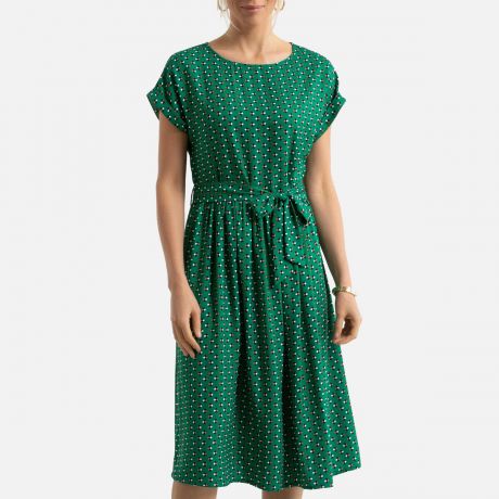 Платье-миди LaRedoute Расклешенное с рисунком и короткими рукавами 48 (FR) - 54 (RUS) зеленый
