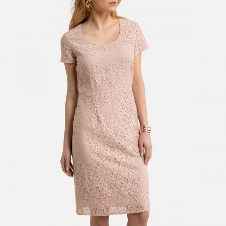 Платье LaRedoute Прямое с короткими рукавами из гипюра 42 (FR) - 48 (RUS) розовый