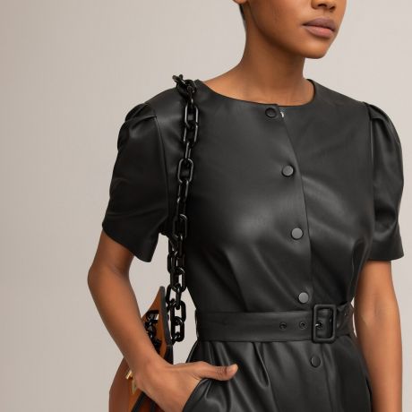Платье-рубашка LaRedoute Длинное с короткими рукавами из искусственной кожи 44 (FR) - 50 (RUS) черный