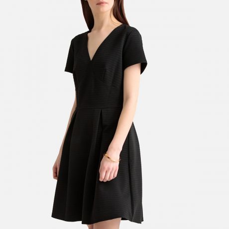 Платье-миди LaRedoute Расклешенное с жаккардовым рисунком в горошек XS черный