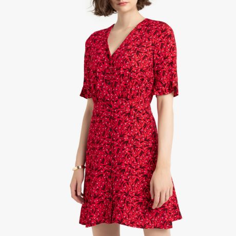 Платье LaRedoute Короткое расклешенное с V-образным вырезом и короткими рукавами 34 (FR) - 40 (RUS) красный