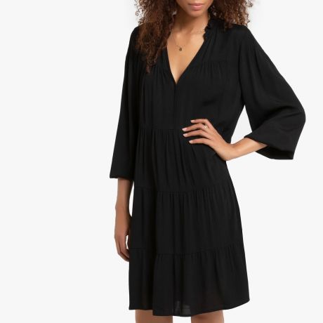Платье LaRedoute Короткое расклешенное с длинными рукавами с V-образным вырезом 1(S) черный