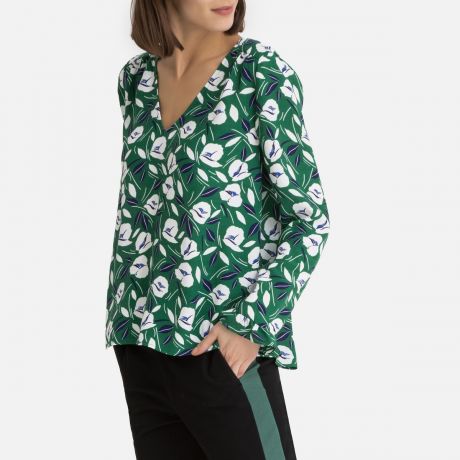 Блузка LaRedoute С принтом и V-образным вырезом длинные рукава XS зеленый