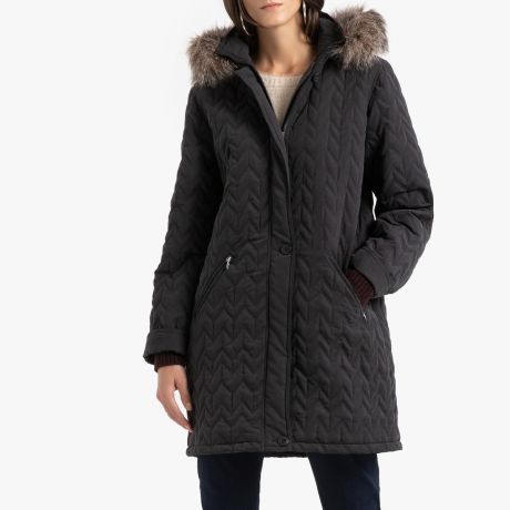 Куртка LaRedoute Стеганая средней длины с капюшоном демисезон 38 (FR) - 44 (RUS) черный