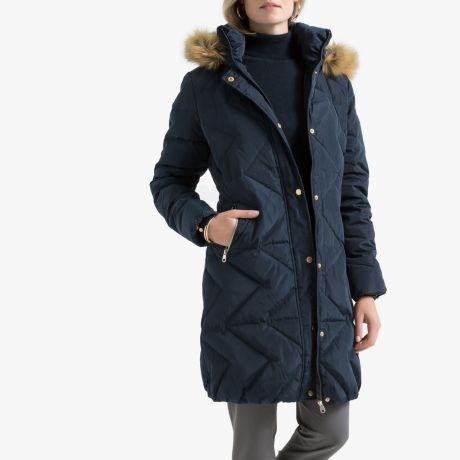 Куртка LaRedoute Стеганая длинная с капюшоном зимняя модель 48 (FR) - 54 (RUS) синий
