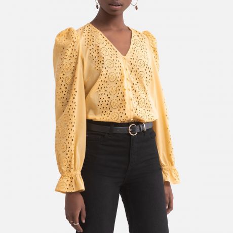 Блузка LaRedoute С вышивкой длинными рукавами и V-образным вырезом XS желтый