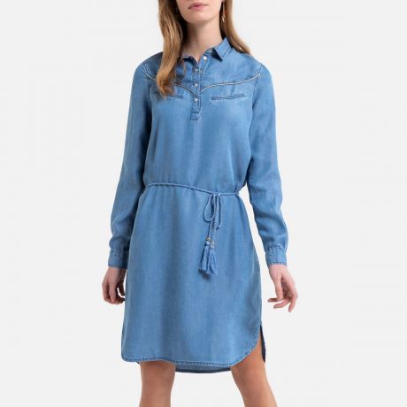 Платье-рубашка LaRedoute Джинсовое ремешок с завязками S синий