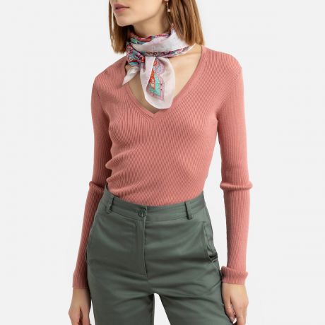 Пуловер LaRedoute С v-образным вырезом из тонкого трикотажа в рубчик L розовый