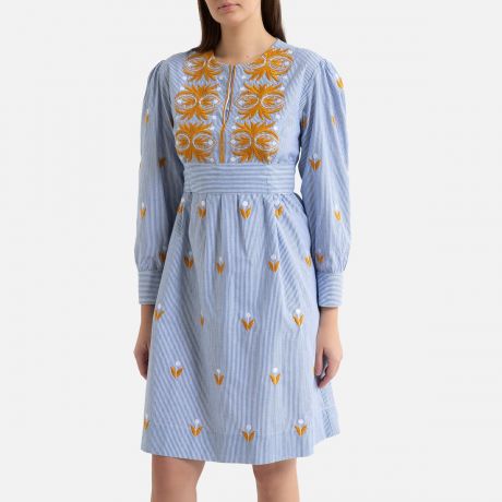 Платье LaRedoute С вышивкой короткое с длинными рукавами MEXICA 38 (FR) - 44 (RUS) синий