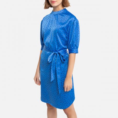 Платье LaRedoute Короткое с рукавами до локтей с рисунком в горошек 36 (FR) - 42 (RUS) синий