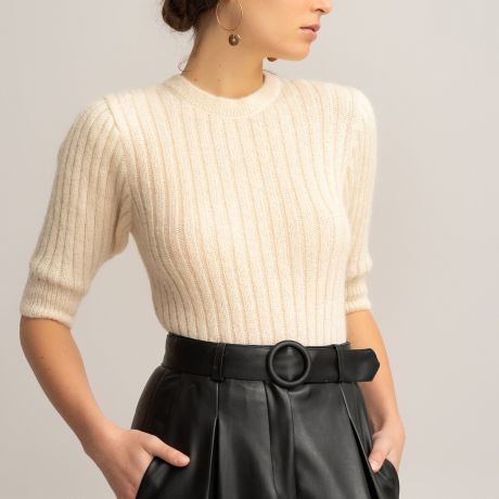 Пуловер LaRedoute С круглым вырезом и короткими рукавами из трикотажа в рубчик XL белый