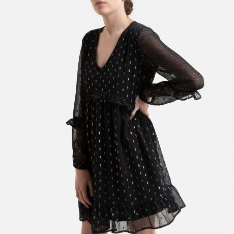 Платье LaRedoute Короткое с воланом v-образный вырез 42 (FR) - 48 (RUS) черный