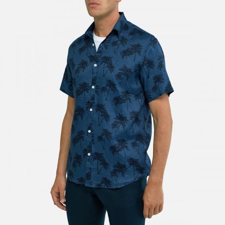 Рубашка LaRedoute Прямая из льна с принтом пальмы 47/48 синий