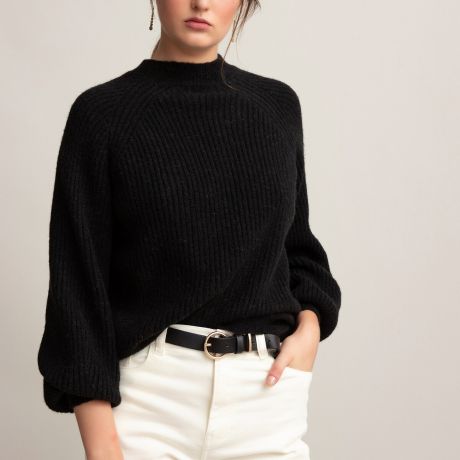 Пуловер LaRedoute С круглым вырезом и напускными рукавами из плотного трикотажа XL черный