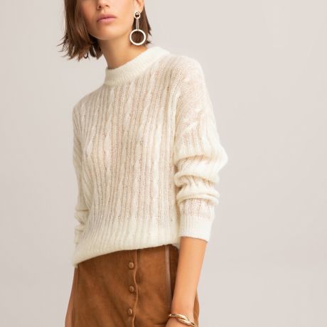Пуловер LaRedoute С круглым вырезом из плотного плетеного трикотажа L белый
