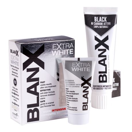 Blanx Набор Курсовое отбеливание и поддержание белизны: Отбеливающая зубная паста BlanX Extra White, 75 мл + Зубная паста с древесным углем BlanX Black, 75 мл (Blanx, Специальный уход Blanx)