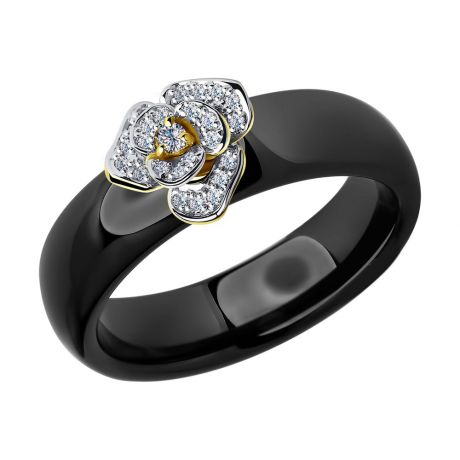 Керамическое кольцо с жёлтым золотом и бриллиантами SOKOLOV