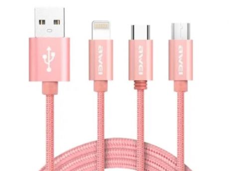 Аксессуар Awei 3 in 1 USB - microUSB - Type C - Lightning 1m Pink CL-984