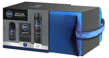 Подарочный набор Пена для бритья Nivea Men Ультра, 200 мл + Лосьон после бритья Nivea Men, 100 мл + Дезодорант-антиперспирант шариковый Nivea Men, 50 мл в косметичке