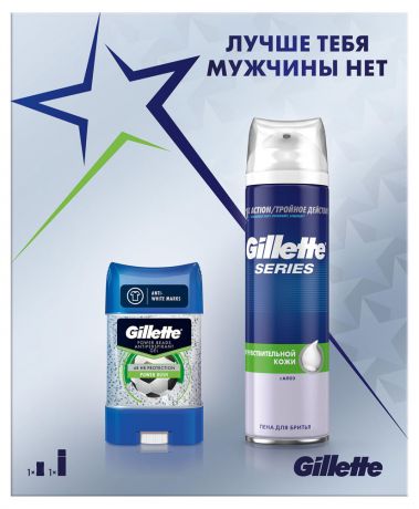 Подарочный набор мужской Пена для бритья Gillette Series, 250 мл + Дезодорант-антиперспирант гелевый Gillette Power Rush, 75 мл