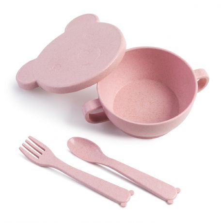 ЭКО посуда Bear (миска с крышкой, ложка и вилка) розовый, 330мл