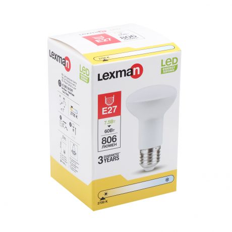Лампа светодиодная Lexman E27 220 В 7.5 Вт рефлектор прозрачный 806 лм, тёплый белый свет