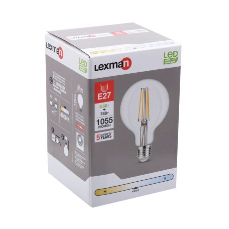 Лампа светодиодная филаментная Lexman E27 220 В 8.5 Вт шар прозрачный 1055 лм, белый свет