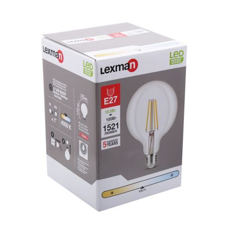 Лампа светодиодная филаментная Lexman E27 220 В 10.5 Вт шар прозрачный 1521 лм, белый свет