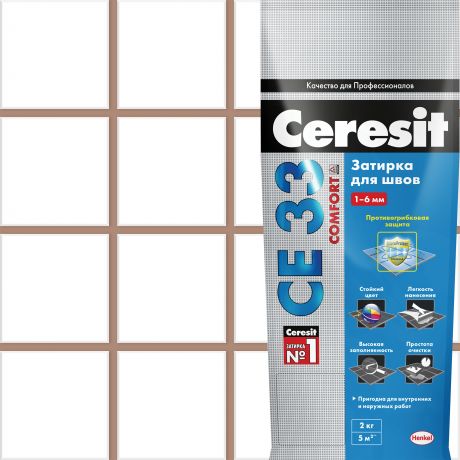 Затирка для узких швов Ceresit CE 33 «Comfort», ширина шва 2-6 мм, 2 кг, сталь, цвет светло-коричневый