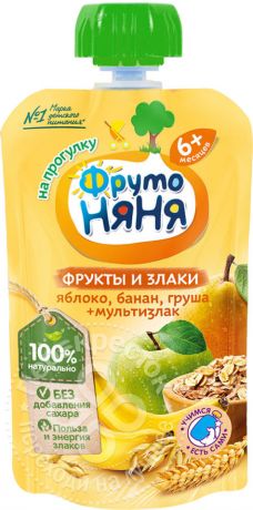 Пюре ФрутоНяня из яблок с бананом грушей и злаками 130г (упаковка 6 шт.)