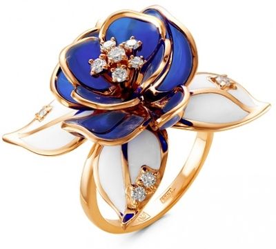 Кольцо Цветок с бриллиантами и эмалью из красного золота