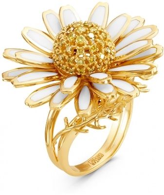 Кольцо Ромашка с бриллиантами и эмалью из жёлтого золота