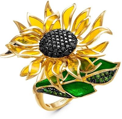 Кольцо Подсолнух с бриллиантами, тсаворитами и эмалью из жёлтого золота