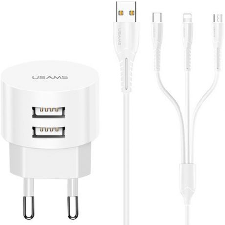 Сетевое зарядное устройство Usams + кабель 3-в1 Lightning, Micro USB, Type-C 2xUSB белый