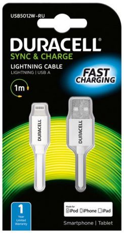 Duracell Lightning MFI - USB 1м (белый)